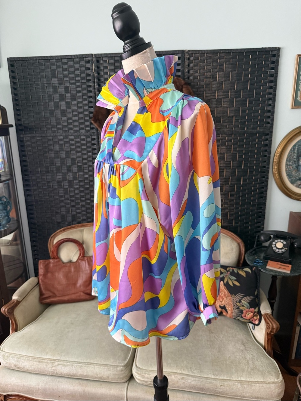 🌈✨ Adrienne Abstract Puff Sleeve Babydoll Blouse Retro Mod Small - Picture 5 of 12